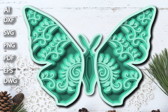 3D Floral Butterfly Green Multilayer SVG